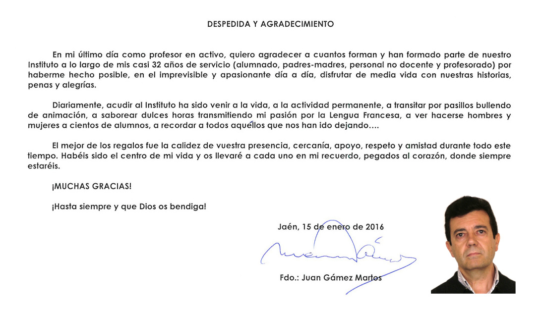 Carta de despedida – Juan Gámez – I.E.S. Fuente de la Peña